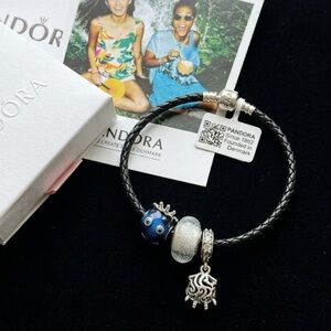 Pandora Black Leather Bracelet with Blue Glass and Silver Charms